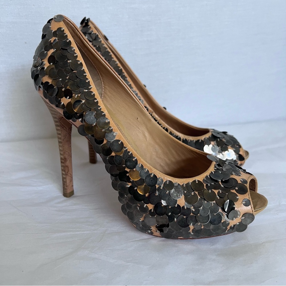 L.A.M.B. Metallic and Tan Sequin Platform Peep Toe Leather Heels